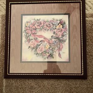 Home Interiors picture. Heart flower shaped photo with 2 birds and nest.